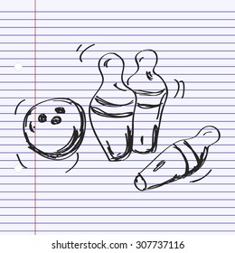 Simple hand drawn doodle of a bowling ball and skittles
