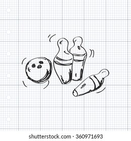 Simple hand drawn doodle of a bowling ball and skittles