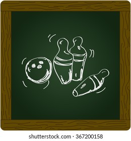 Simple hand drawn doodle of a bowling ball and skittles