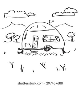 Simple hand drawn doodle of a caravan