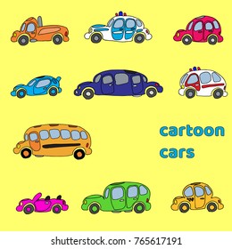 Simple hand drawn doodle cartoon cars set. Will be good for use on textile, wrapping paper, poster, postcard.