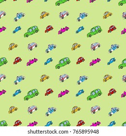 Simple hand drawn doodle cartoon cars seamless pattern. Will be good for use on textile, wrapping paper, poster, postcard.