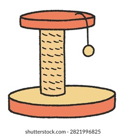 A simple hand drawn doodle of a cat scratching post with a dangling toy ball on a flat base in a warm color palette
