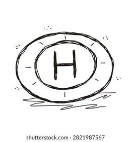 A simple hand drawn doodle of a circular helipad icon with the letter H in the center on a white background