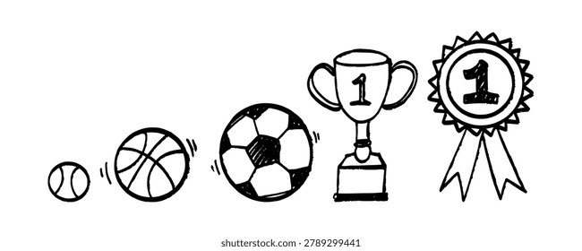 Simple hand drawn doodle collection of linear sports icons. Creative athletic equipment array showing balls, prize cups, and champion medals isolated for competition ranking assets.