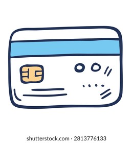 A simple hand drawn doodle of a credit card featuring a chip and magnetic stripe isolated on white