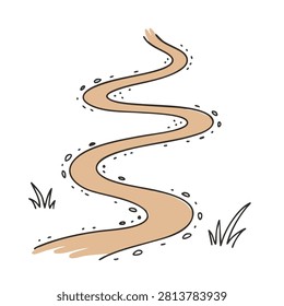 A simple hand drawn doodle of a curvy brown dirt trail or pathway with scattered pebbles and small tufts of grass on either side.