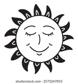 Simple hand drawn doodle of cute sun with face. Vector illustration black and white icon drawing.