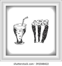 Simple hand drawn doodle of a drink and popcorn