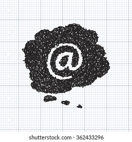 Simple hand drawn doodle of an email at sign thought bubble