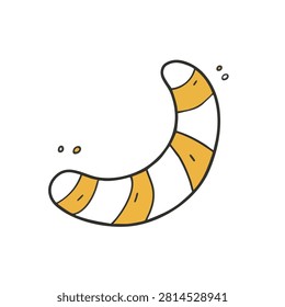 A simple hand drawn doodle featuring a curved worm or larva with orange and white stripes isolated on a white background