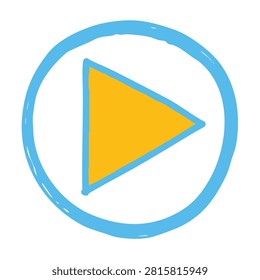 A simple hand drawn doodle featuring a blue circular outline with a solid yellow triangle play symbol inside isolated on white