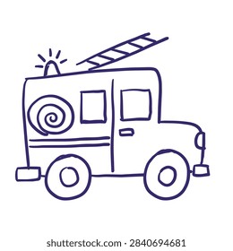 A simple hand drawn doodle of a fire truck featuring a ladder a hose reel and an emergency light isolated on a white background