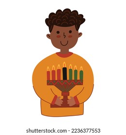 Simple hand drawn doodle flat portrait of African American boy holding kinara, seven candles. Celebrating Kwanzaa. African Heritage Festival. Character for Kwanza