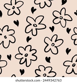 Simple hand drawn doodle flower seamless pattern with line art style.