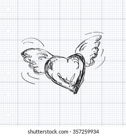 Simple hand drawn doodle of a flying heart
