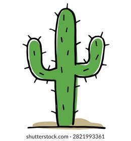 A simple hand drawn doodle of a green saguaro cactus with thorns on a white background