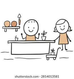 A simple hand drawn doodle of a happy man and woman standing behind a counter in a plant store with potted plants and gardening tools