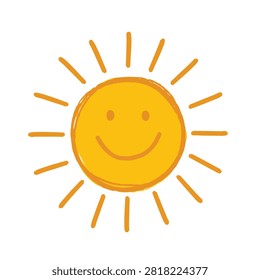 A simple hand drawn doodle of a happy yellow sun with a friendly smiling face and radiating sunbeams on a white background