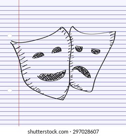 Simple hand drawn doodle of a happy and sad mask