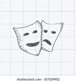 Simple hand drawn doodle of a happy and sad mask