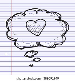 Simple hand drawn doodle of a heart in a thought bubble