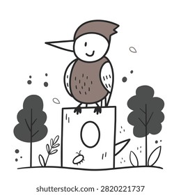 A simple hand drawn doodle illustration of a friendly woodpecker bird perched on top of a tree trunk in a whimsical style