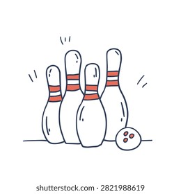 A simple hand drawn doodle illustration of four bowling pins and a bowling ball isolated on white background
