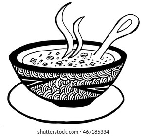 Simple hand drawn doodle illustration of a bowl of soup