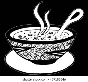 Simple hand drawn doodle illustration of a bowl of soup