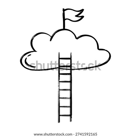 simple hand drawn doodle of a ladder reaching a cloud with a flag on top. Conceptual vector illustration representing career growth, achieving goals, success, ambition, and reaching for the stars.