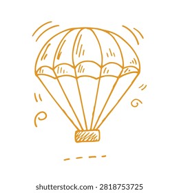 A simple hand drawn doodle of a parachute in a golden sketch style on a plain white background