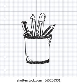 Simple hand drawn doodle of a pencil pot