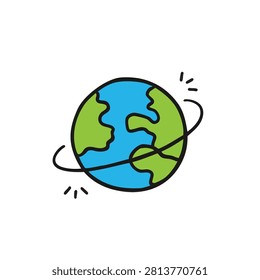 A simple hand drawn doodle of planet earth featuring green continents and blue oceans with a curved ring orbiting around it on a white background