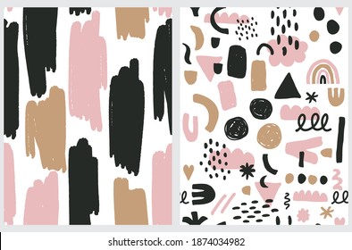 Simple Hand Drawn Doodle Prints. Seamless Vector Patterns with Irregular Spots Isolated on a White Background. Brush Scribbles and Daubs Repeatable Design. Abstract Geometric Template.