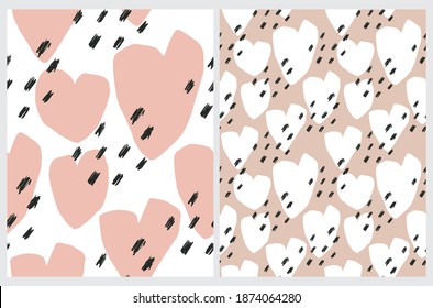 Simple Hand Drawn Doodle Prints. Seamless Vector Patterns with Hearts of Irregular Shape Isolated on a White and Brown Background. Romantic Repeatable Design. Abstract Love Symbol Template.