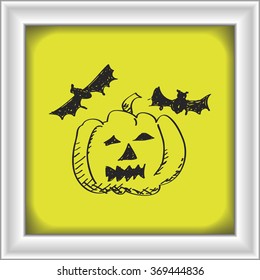 Simple hand drawn doodle of a pumpkin and bats