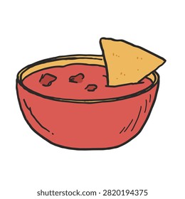 A simple hand drawn doodle of a red bowl filled with tomato salsa and one crunchy tortilla chip dipped inside