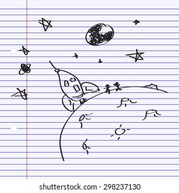 Simple hand drawn doodle of a rocket on the moon