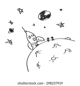 Simple hand drawn doodle of a rocket on the moon