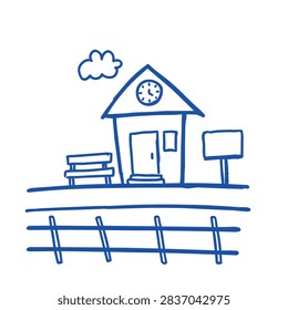 A simple hand drawn doodle of a school building with a clock, a bench, a sign, and a fence in front.