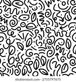 Simple hand drawn doodle seamless pattern. Ink squiggles, swirls, waves, leaflets, dots on white background. Loose drawing abstraction. Contemporary print for textiles, wallpaper, wrapping, covers. Vector graphics