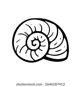 A simple hand drawn doodle of a seashell is shown. The shell has a spiral shape and is created with black lines on a white background. Vector art illustration