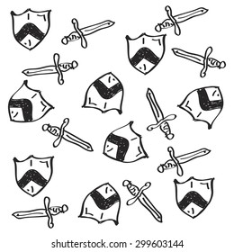 Simple hand drawn doodle of a shield and sword