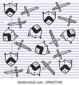Simple hand drawn doodle of a shield and sword