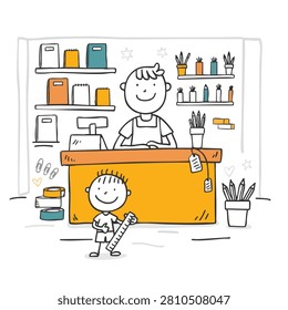 A simple hand drawn doodle showing a friendly shop assistant behind a counter and a happy child holding a ruler in a store filled with school and office supplies