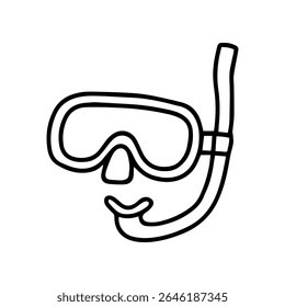 Um rabiscar simples, desenhado à mão mostra uma máscara de snorkeling com um snorkel e lente. É contorno preto em um fundo branco em formato vetorial