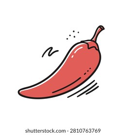 A simple hand drawn doodle of a single red chili pepper with motion lines and decorative dots