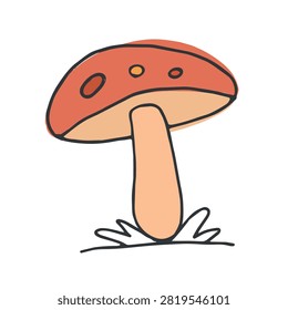 A simple hand drawn doodle of a single red mushroom with spots on a white background