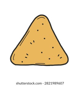 A simple hand drawn doodle of a single triangular tortilla nacho chip isolated on white background